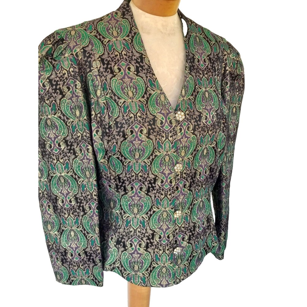 KAREN MILLER  Green Gold Metallic Rhinestone Buttons Dress Jacket Size Large - Picture 3 of 5